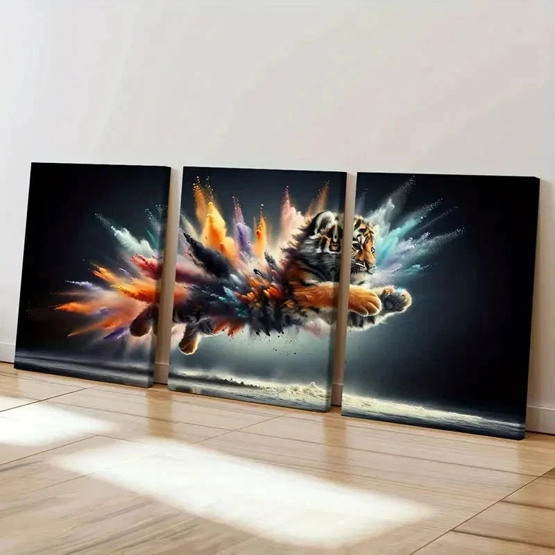 3pcs Fantasy Animal Art Splash Ink Style Tiger Wall Art Set Canvas Framed 40x60cm - High Quality Print 100% Australian Made Wall Canvas Ready to Hang