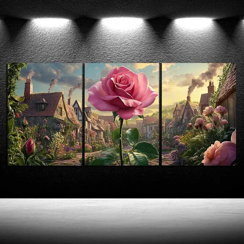 3pcs Rose in the Rain Nature Scenery Metal Print Ready to Hang Art