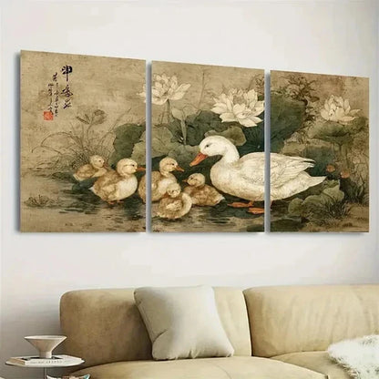 3pcs Vintage Japanese Duck and Ducklings  Wall Art Set Canvas Unframed - High Quality Print 100% Australian Made Wall Canvas