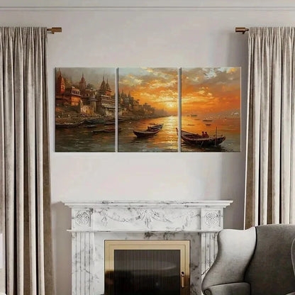 3pcs Sunset Cityscape with Golden Sky Reflection Wall Art Set Canvas Framed 60x90cm - High Quality Print 100% Australian Made Wall Canvas Ready to Hang