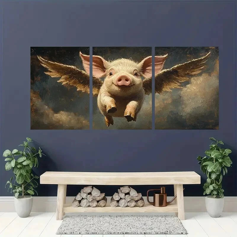 3pcs Vintage Flying Pig with Wings Metal Print Ready to Hang Art