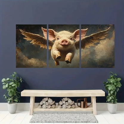3pcs Vintage Flying Pig with Wings Metal Print Ready to Hang Art