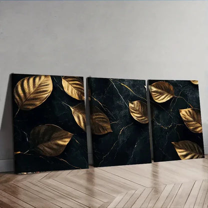3pcs Black and Gold Plants Nature Leaf Perfect Wall Art Set Canvas Unframed - High Quality Print 100% Australian Made Wall Canvas