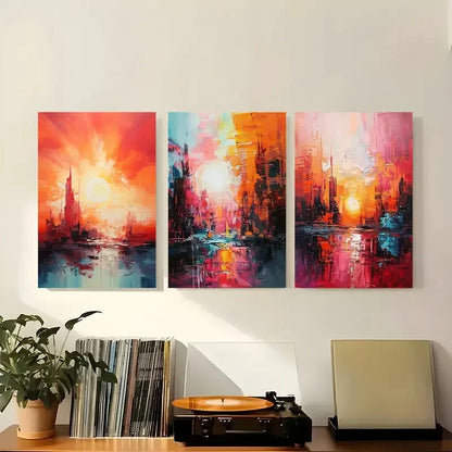 3pcs Abstract Sunset Colorful Cityscape Metal Print Ready to Hang Art