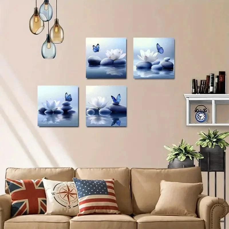 4pcs Flower And Blue Butterfly On Lake Picture Wall Art Canvas Framed