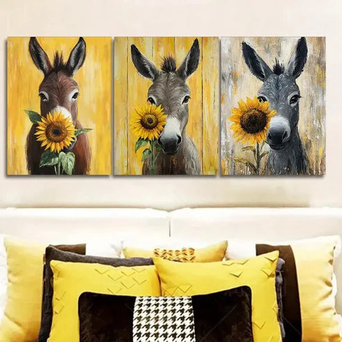 3pcs Adorable Donkey Adorned with a Sunflower Wall Art Set Canvas Unframed - High Quality Print 100% Australian Made Wall Canvas - Bella Home Decor