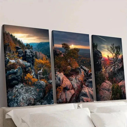 3pcs Sunset in Saxon Switzerland Mountains Wall Art Canvas Unframed – High Quality Print 100% Australian Made Wall Canvas