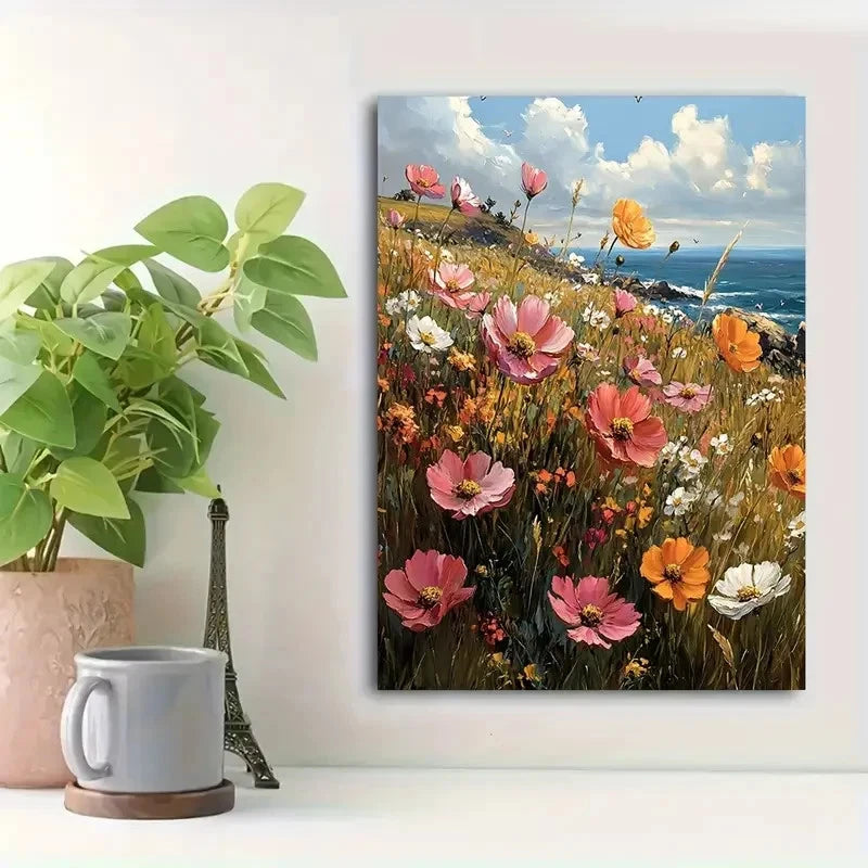 Beautiful Vintage Wildflowers By The Sea Painting 40x60cm Metal Print Ready to Hang