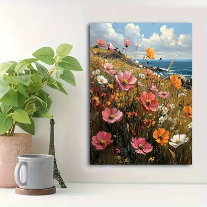 Beautiful Vintage Wildflowers By The Sea Painting 40x60cm Metal Print Ready to Hang