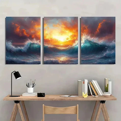 3pcs Depiction Of Ocean Waves luminated By Sun Wall Art Canvas Unframed - High Quality Print 100% Australian Made Wall Canvas