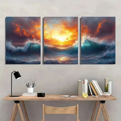 3pcs Depiction Of Ocean Waves luminated By Sun Wall Art Canvas Unframed - High Quality Print 100% Australian Made Wall Canvas