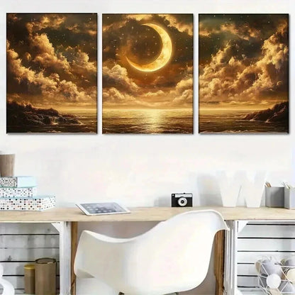 3pcs Golden Moon & Star Reflecting on Stormy Sea Wall Art Set Canvas Framed 40x60cm - High Quality Print 100% Australian Made Wall Canvas Ready to Hang
