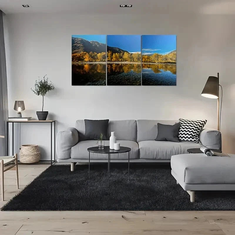 3pcs Golden Autumn Foliage & Calming Waters Metal Print Ready to Hang Art