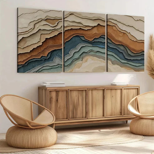 3pcs Abstract Earth Tones Blue Wave Brown Gray Art Set Canvas Unframed - High Quality Print 100% Australian Made Wall Canvas