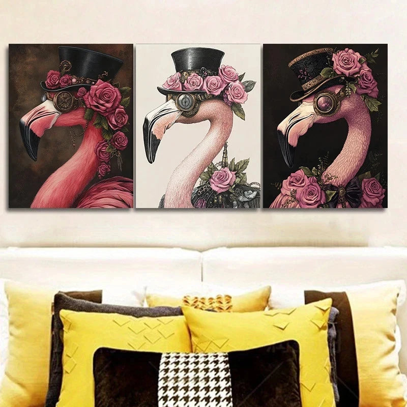3pcs Steampunk Flamingo Pink & Black Goggles Metal Print Ready to Hang Art