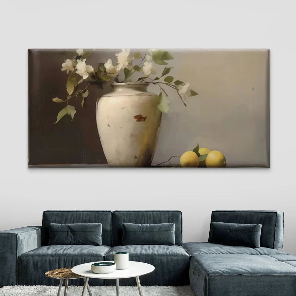 White Flowers & Lemons Wall Art Canvas Office Home Room Framed 120x60cm