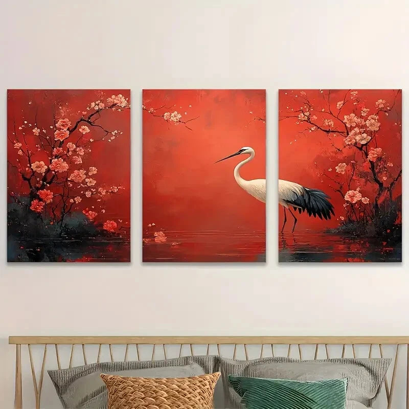 3pcs Beautiful Crane Flower Bird Perfect Wall Art Set Canvas Framed 40x60cm - High Quality Print 100% Australian Made Wall Canvas Ready to Hang