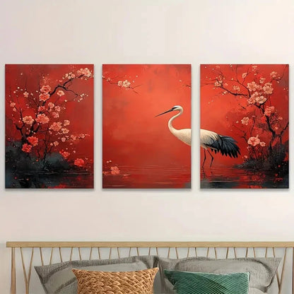 3pcs Beautiful Crane Flower Bird Perfect Wall Art Set Canvas Framed 40x60cm - High Quality Print 100% Australian Made Wall Canvas Ready to Hang