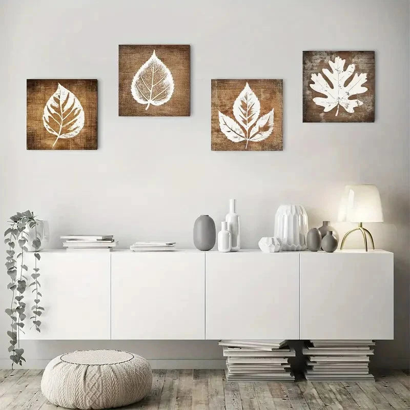 4pcs Aesthetic Vintage Leaf Theme Wall Art Canvas Framed