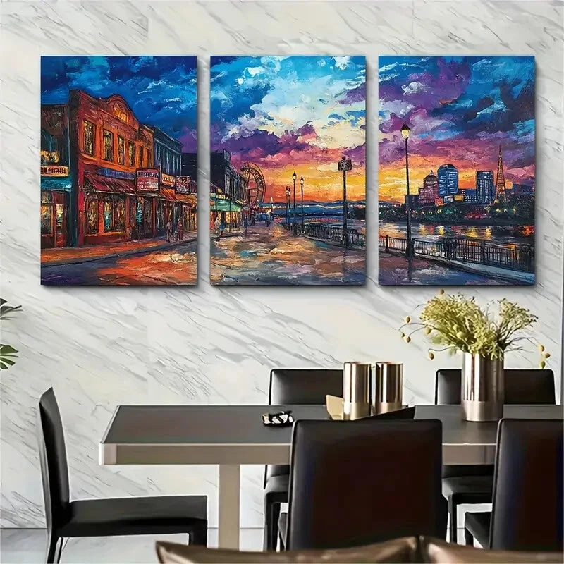 3pcs Memphis Sunset Nighttime Cityscape Perfect Wall Art Set Canvas Framed 40x60cm - High Quality Print 100% Australian Made Wall Canvas Ready to Hang