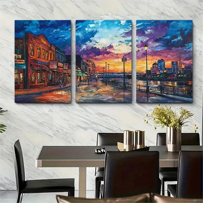 3pcs Memphis Sunset Nighttime Cityscape Perfect Wall Art Set Canvas Framed 40x60cm - High Quality Print 100% Australian Made Wall Canvas Ready to Hang