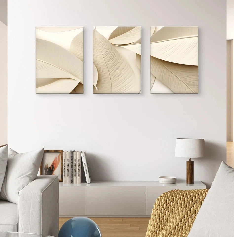 3pcs Elegant Neutral Minimalist Leaf Beige Wall Art Set Canvas Framed 60x90cm - High Quality Print 100% Australian Made Wall Canvas Ready to Hang
