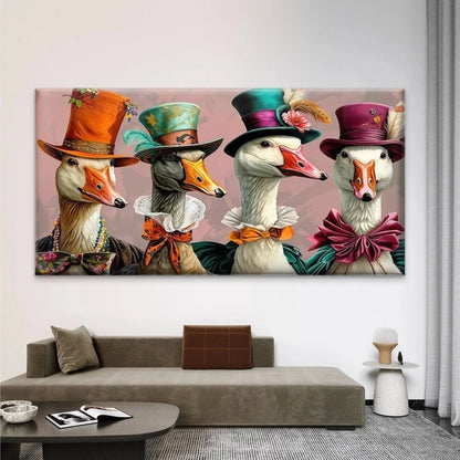 Geese in Colorful Hats & Bows Wall Art Canvas Office Home Room Framed 120x60cm