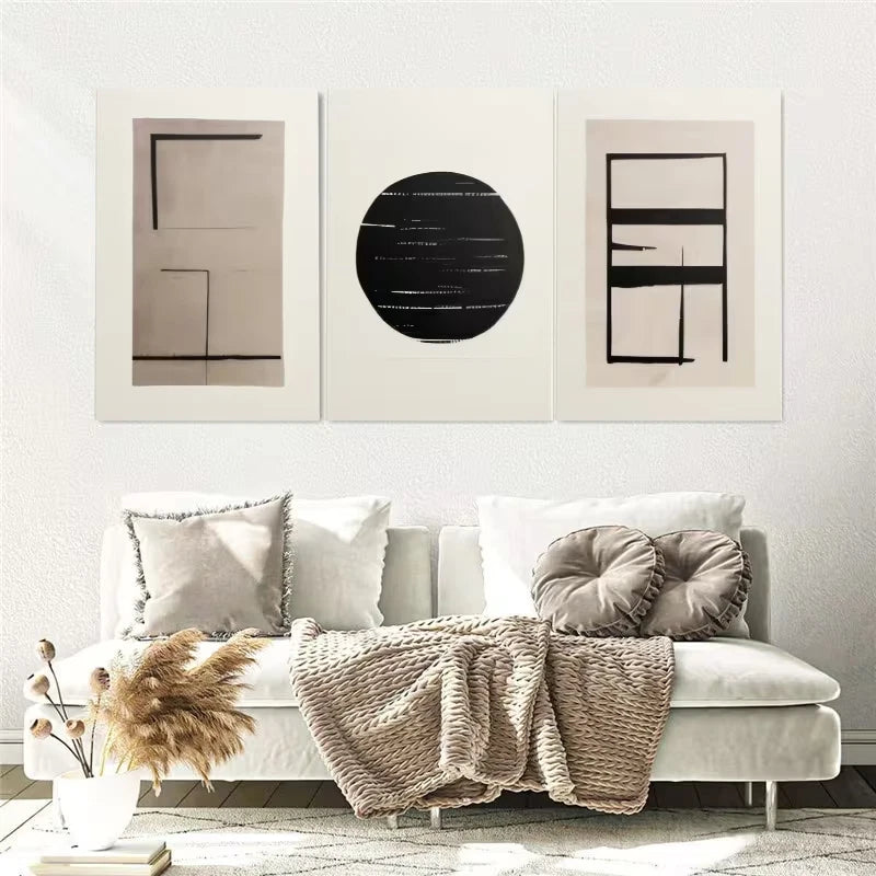 3pcs Gallery Black Beige Geometric Wall Art Set Canvas Framed 50x70cm - High Quality Print 100% Australian Made Wall Canvas Ready to Hang