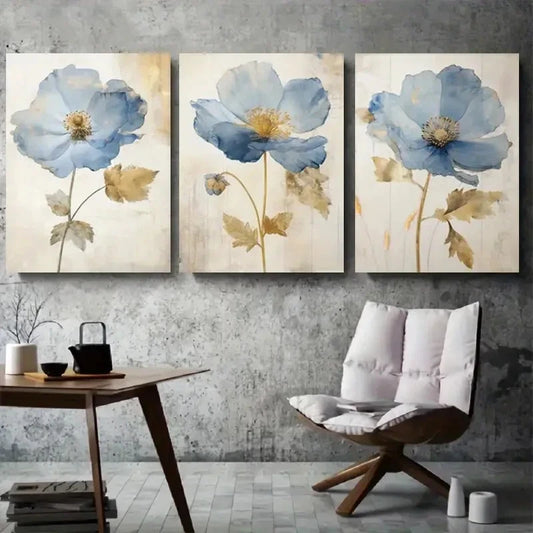 3pcs Blue Floral Modern Botanical Wall Art Set Canvas Framed 60x90cm - High Quality Print 100% Australian Made Wall Canvas Ready to Hang