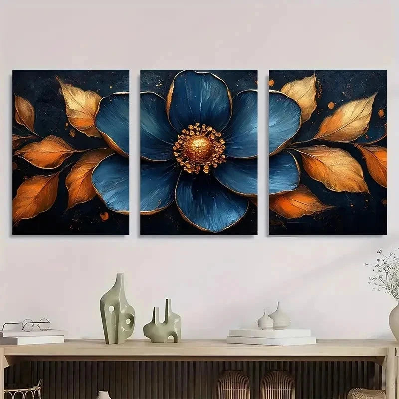 3pcs Golden And Black Flower Perfect Wall Art Set Canvas Framed 40x60cm - High Quality Print 100% Australian Made Wall Canvas Ready to Hang