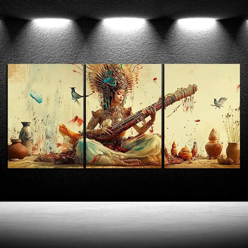 3pcs A Woman Playing An Instrument Modern Print Ready to Hang Art
