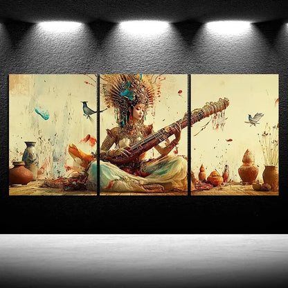 3pcs A Woman Playing An Instrument Modern Print Ready to Hang Art