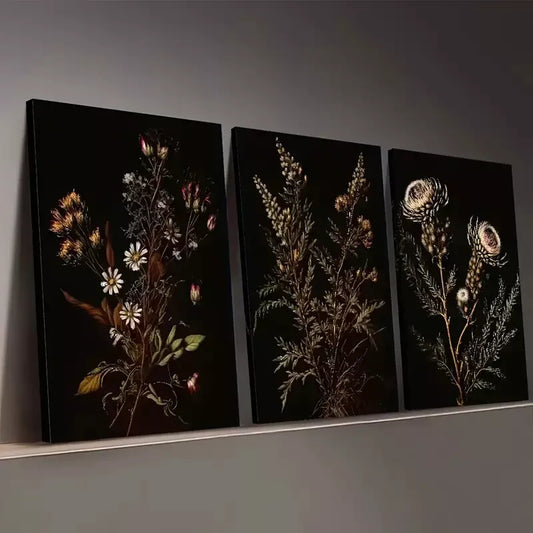 3pcs Dark Wind Withered Floral Plant Botanical Wall Art Set Canvas Framed 50x70cm - High Quality Print 100% Australian Made Wall Canvas Ready to Hang