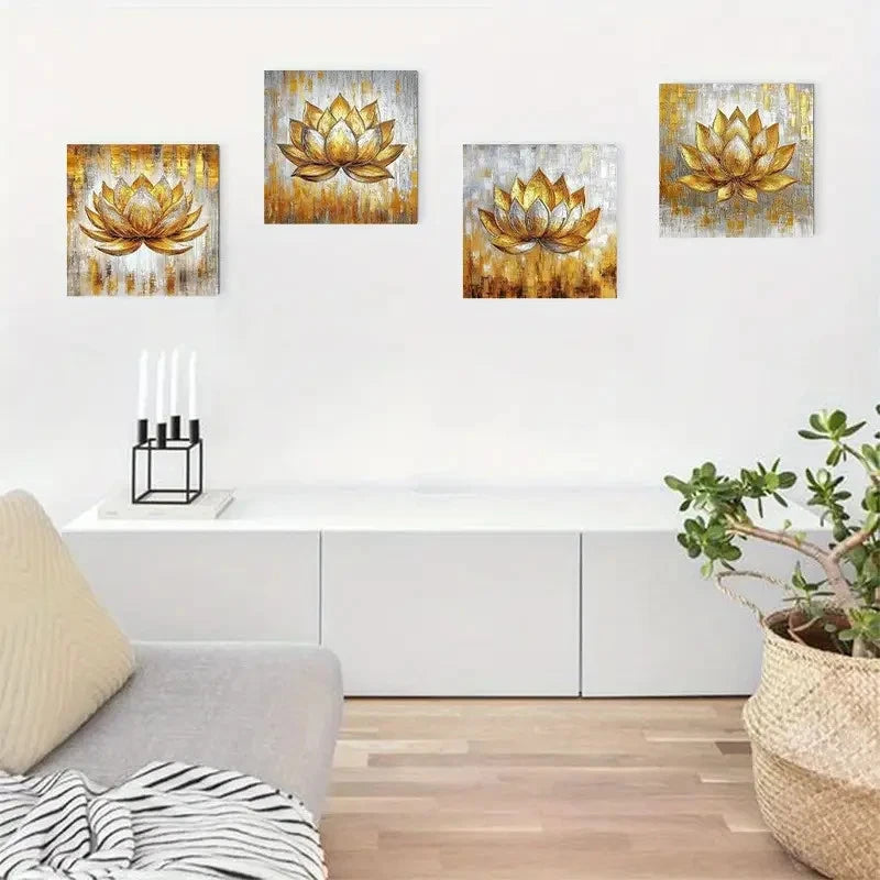 4pcs Golden Lotus Wall Art Canvas Framed