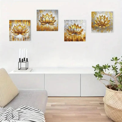 4pcs Golden Lotus Wall Art Canvas Framed