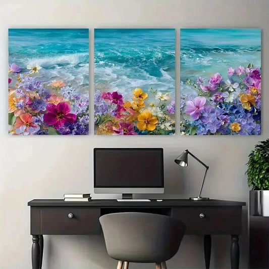 3pcs Coastal Wildflower Floral Summer Perfect Wall Art Set Canvas Framed 40x60cm - High Quality Print 100% Australian Made Wall Canvas Ready to Hang