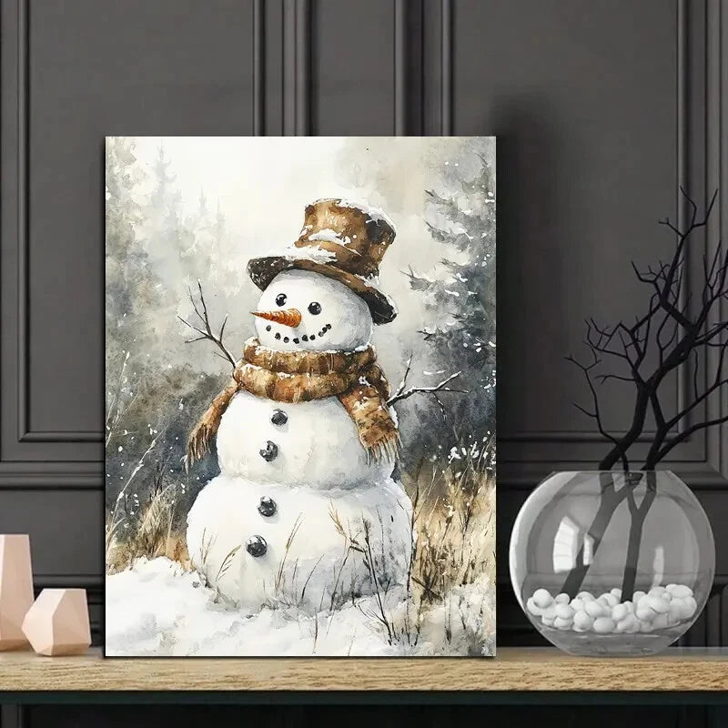 Charming Snowy Landscape Watercolor Snowman 40x60cm Metal Print Ready to Hang