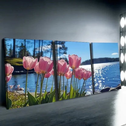 3pcs Chic Pink Tulip Pink Nature Blue Wall Art Set Canvas Unframed - High Quality Print 100% Australian Made Wall Canvas