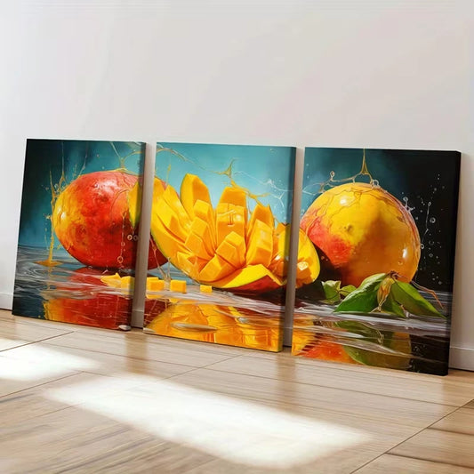 3pcs Mango Splash Reflection Vibrant Abstract Wall Art Set Canvas Framed 60x90cm - High Quality Print 100% Australian Made Wall Canvas Ready to Hang
