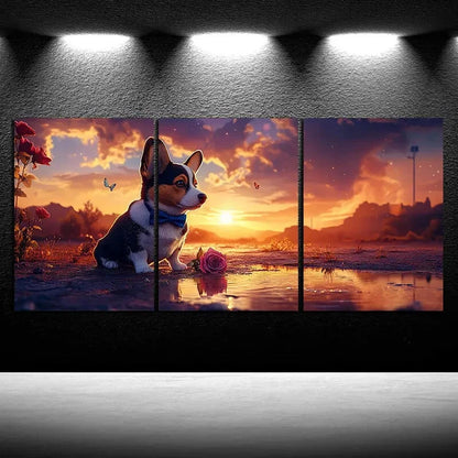 3pcs Corgi Dog with Bow Tie Nature Metal Print Ready to Hang Art