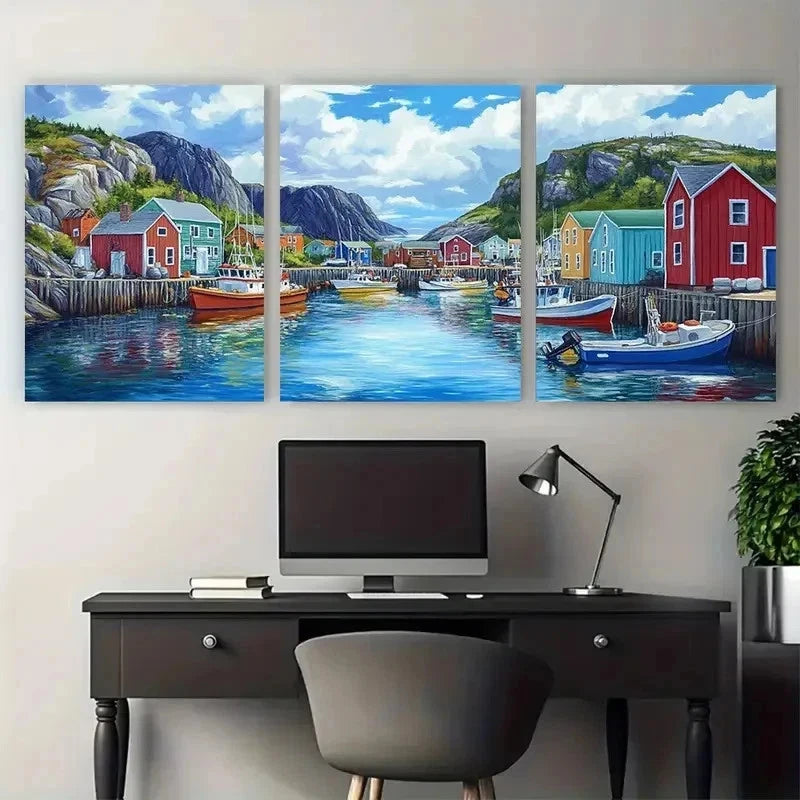 3pcs Trinity Harbor Newfoundland Fishing Perfect Wall Art Set Canvas Framed 40x60cm - High Quality Print 100% Australian Made Wall Canvas Ready to Hang