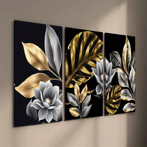 3pcs Golden Plant Leaves Floral Wall Art Set Canvas Unframed - High Quality Print 100% Australian Made Wall Canvas