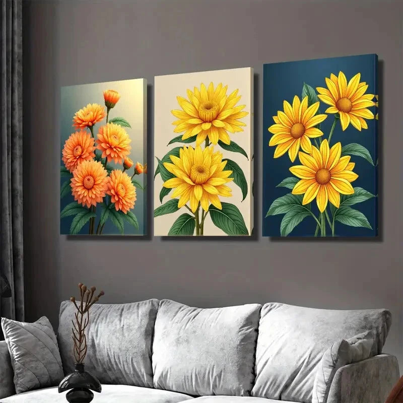 3pcs Vibrant Sunflower Orange Floral Dark Blue Wall Art Set Canvas Framed 40x60cm - High Quality Print 100% Australian Made Wall Canvas Ready to Hang