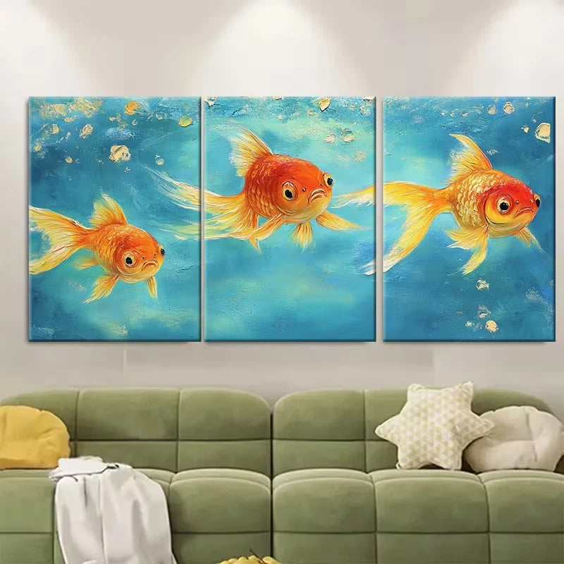 3pcs Goldfish Oil Painting Fish Impasto Metal Print Ready to Hang Art