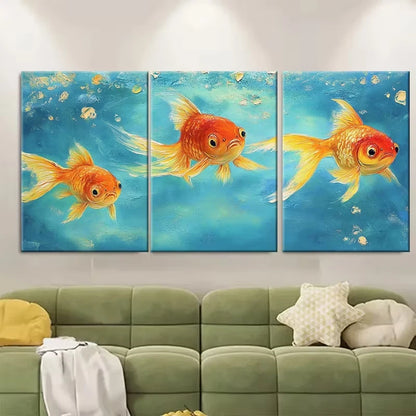 3pcs Goldfish Oil Painting Fish Impasto Metal Print Ready to Hang Art