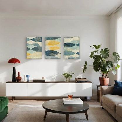 3pcs Modern Abstract Geometric Teal and Yellow Wall Art Set Canvas Framed 40x60cm - High Quality Print 100% Australian Made Wall Canvas Ready to Hang