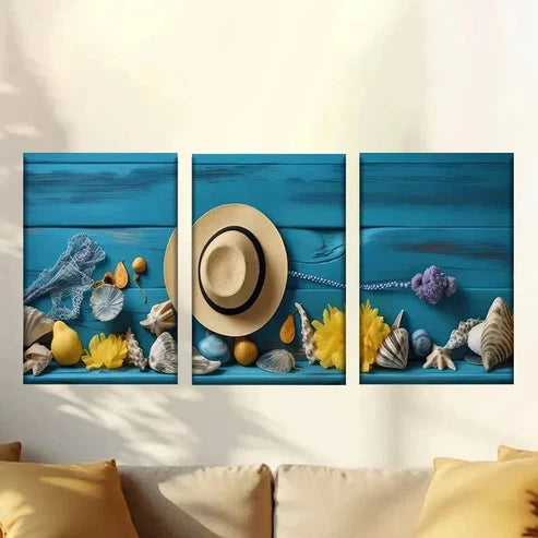 3pcs Beach-Themed Posters with Hat Wall Art Canvas Unframed – High Quality Print 100% Australian Made Wall Canvas