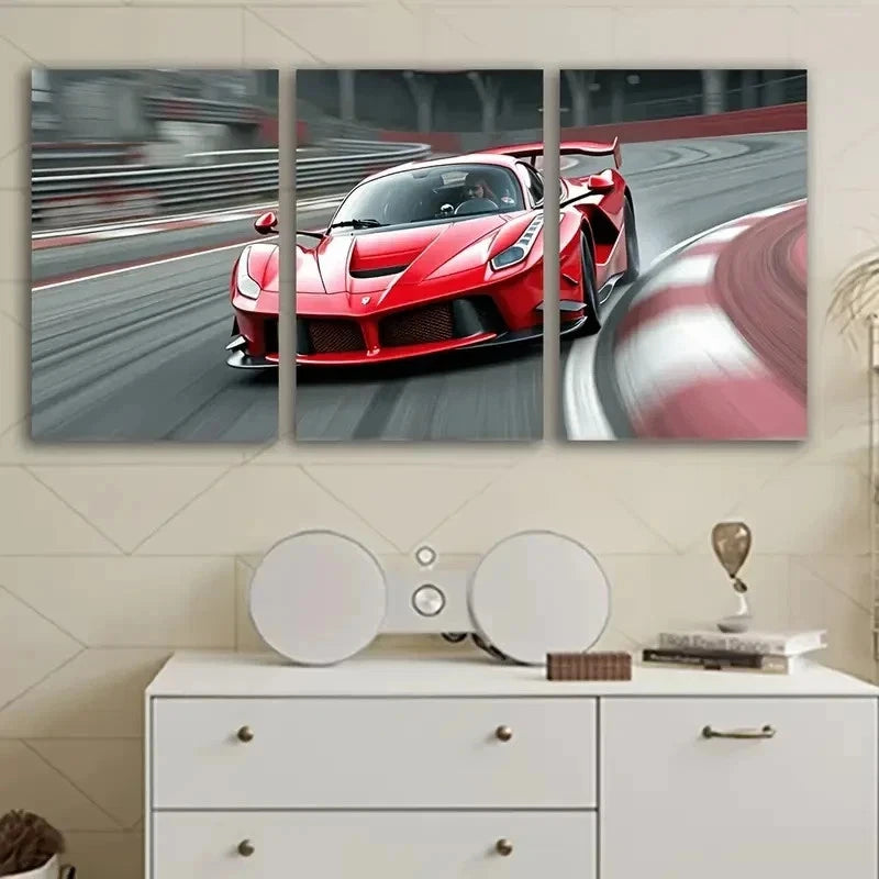 3pcs Red Sports Car Racing Track Scene Wall Art Set Canvas Framed 40x60cm - High Quality Print 100% Australian Made Wall Canvas Ready to Hang