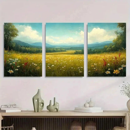 3pcs Spring Meadow Landscape Vintage Perfect Wall Art Set Canvas Framed 40x60cm - High Quality Print 100% Australian Made Wall Canvas Ready to Hang