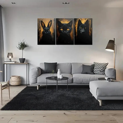 3pcs Modern Animal Black Rabbit Cat and Wolf Metal Print Ready to Hang Art